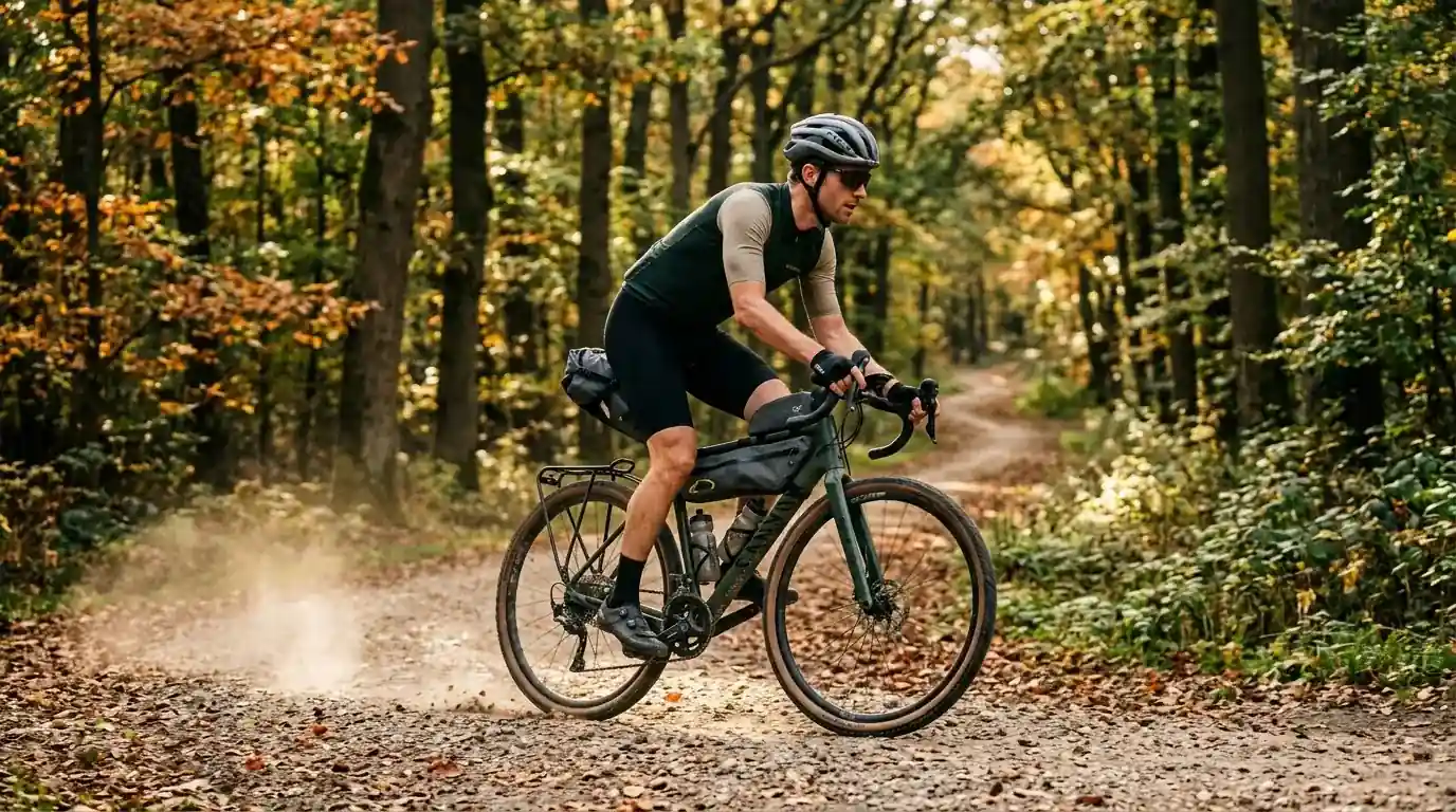 Wielrenner op een gravelbike met bredere banden rijdt over een onverhard grindpad door een Nederlands bos