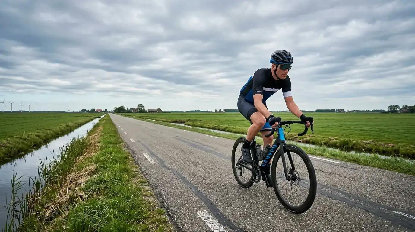 Solo wielrenner op een racefiets rijdt over een lange rechte polderweg in Nederland onder een wijde bewolkte lucht