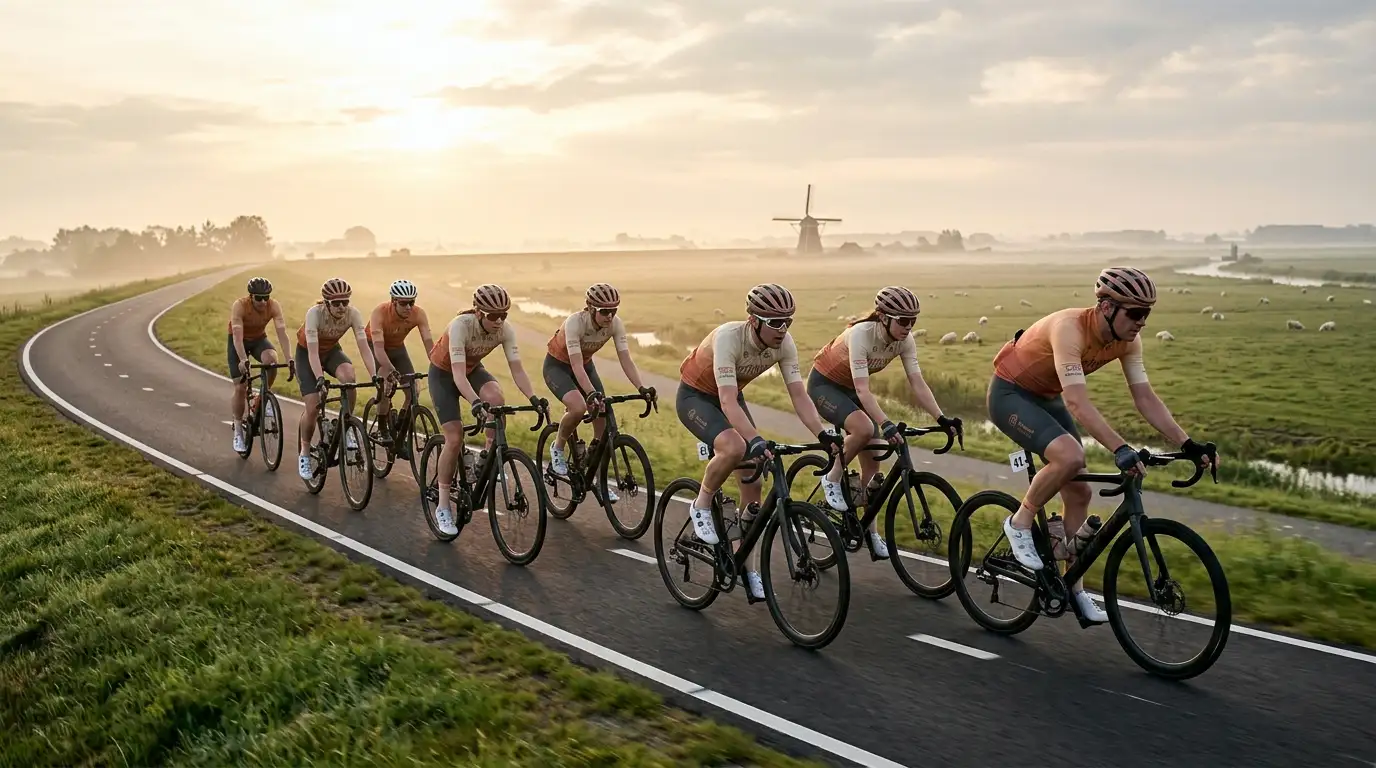 Groep wielrenners op racefietsen rijdt in een strakke lijn over een Nederlandse polderdijk bij ochtendlicht