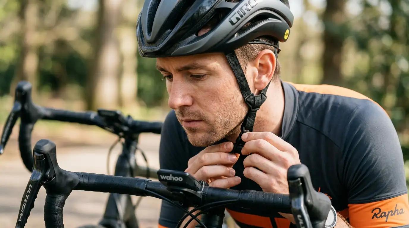Close-up van een wielrenner die een goed passende fietshelm vastmaakt voordat hij op de racefiets stapt